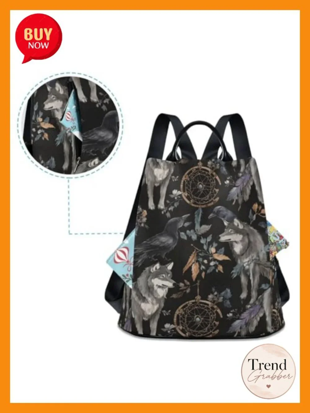 Watercolor Raven Wolf Boho Backpack Purse Adjustable Straps